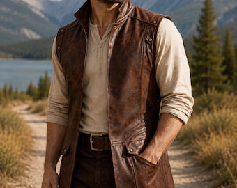 Vintage-Lederweste für Herren, lang, braun | Ärmelloser Western-Cowboy-Ledermantel