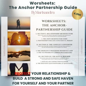 Puede incluir: Un gráfico promocional para "The Anchor Partnership Guide" con el texto "Protege tu relación y construye un refugio seguro y fuerte para ti y tu pareja". La guía incluye secciones sobre arquitectura de relaciones, conversión de conflictos.