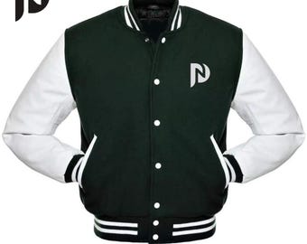 Gepersonaliseerde Varsity Jacket: Melton Wool, Leren mouwen, Custom Borduurwerk - Gratis wereldwijde verzending