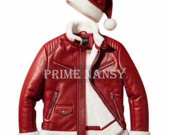 Rood leren kerstmanjack, kerstoutfit met bontrand en hoed - gratis verzending