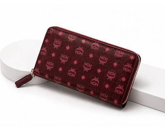 Handmade Cinnamon  MCM Luxury Designer Wallet – Visetos Leather Long Clutch Coin Zip Card Holder