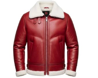 Handgemaakt rood leren bomberjack – kerstmanschapenvacht, winterstijl