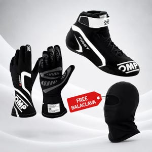 May include: A black and white racing shoe with OMP branding, a pair of black and white racing gloves with grey palm grips and OMP logos, and a solid black balaclava. A red rectangular tag with the white text FREE BALACLAVA is attached.