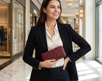 Luxe designerportemonnee dames kaneel MCM – Visetos leren kaarthouder met lange koppeling en muntrits