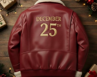 Rode kerstmis, 25 december, echt geborduurde leren jas met bontvoering