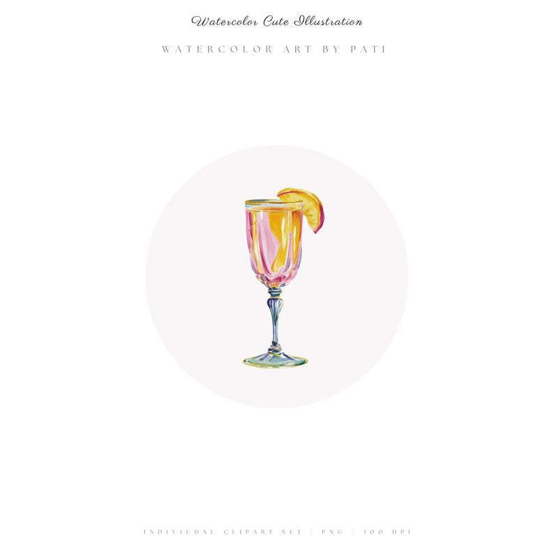 May include: A watercolour illustration of a cocktail in a stemmed glass with a lemon slice. The glass contains a pink and yellow liquid, with a gold rim and a blue stem. The text "Watercolor Cute Illustration" and "Watercolor Art by Pati" are at the top.