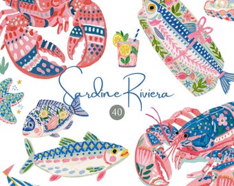 Könnte beinhalten: Eine digitale Illustration auf weißem Hintergrund mit farbenfrohen Motiven von Hummern, Fischen, einer Muschel mit Perle und einem Getränk mit Zitronenscheiben. Der Text lautet Sardine Riviera und die Zahl 40, unten steht PatiPaintsCo.