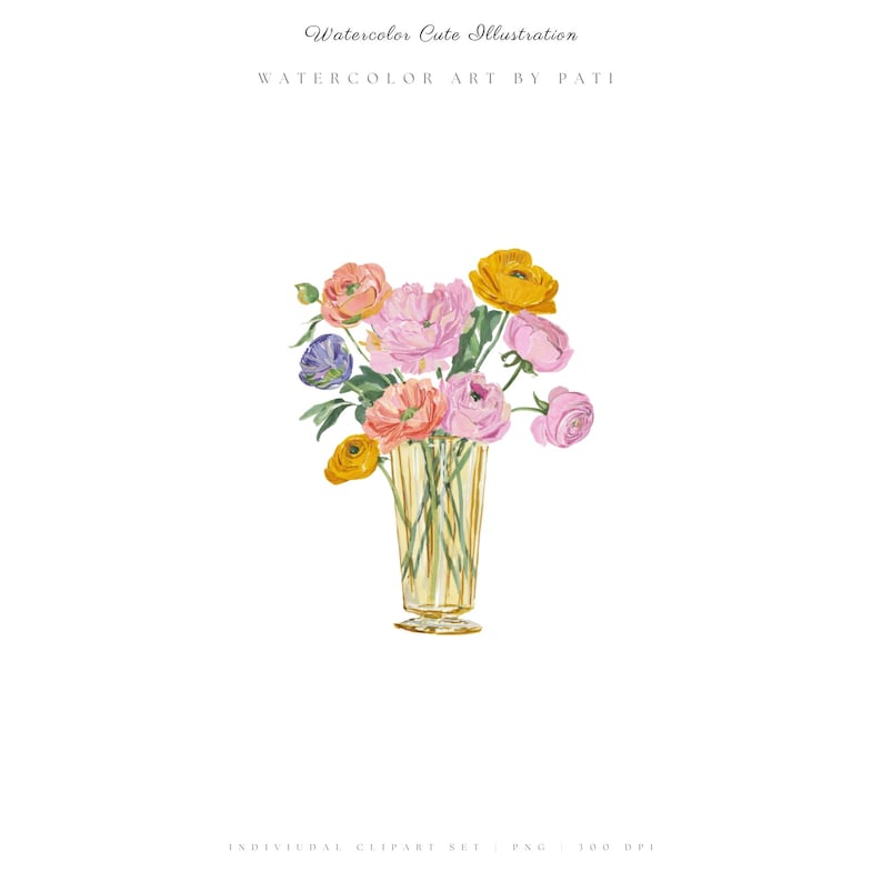May include: A watercolour illustration of a bouquet of flowers in a clear glass vase. The flowers are pink, yellow, orange, and purple. The vase has a gold rim and base. Text at the top reads "Watercolor Cute Illustration" and "Watercolor Art by Pati".