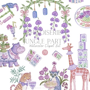 K&ouml;nnte beinhalten: Ein Aquarell-Clipart-Set mit dem Titel CHINOISERIE JUNGLE PARTY mit violetten und gr&uuml;nen Illustrationen von einem Flusspferd, einer Giraffe, einem Leoparden, einem Lemur, einem Bambusbogen, Blumen und Spielsteinen auf wei&szlig;em Grund.