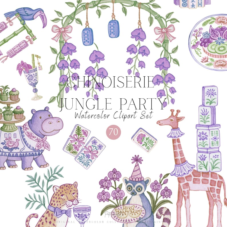 K&ouml;nnte beinhalten: Ein Aquarell-Clipart-Set mit dem Titel CHINOISERIE JUNGLE PARTY mit violetten und gr&uuml;nen Illustrationen von einem Flusspferd, einer Giraffe, einem Leoparden, einem Lemur, einem Bambusbogen, Blumen und Spielsteinen auf wei&szlig;em Grund.