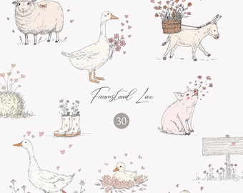 Valentine Farm Animals Clipart Set, Cute Goose Sheep Pig PNG, Romantic Country Hearts Illustrations, Rustic Valentine Graphics