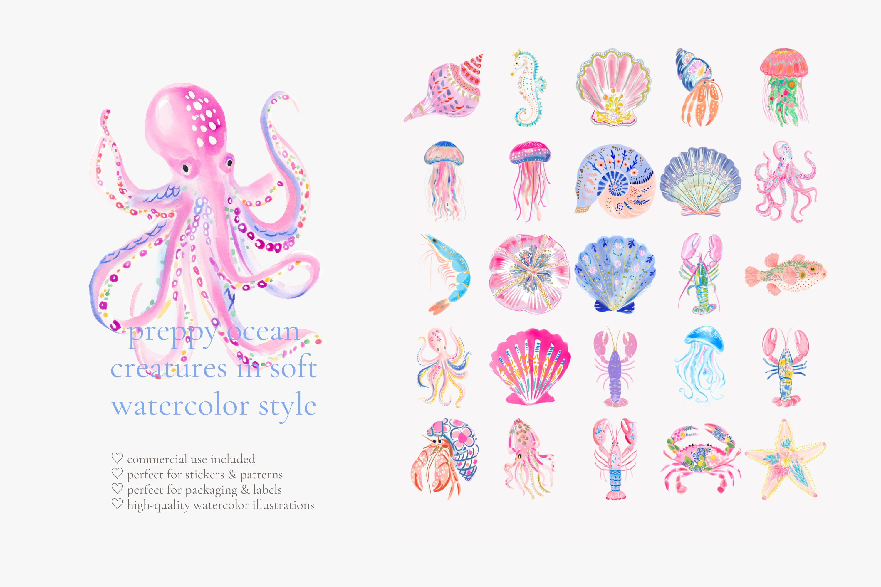 Coastal Clipart Set PNG, Watercolor Sea Animals Clipart, Jellyfish Crab ...