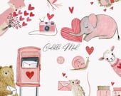 Valentine Animal Clipart PNG, Cute Love Animals Watercolor, Nursery Valentine Clipart, Kids Valentine Graphics