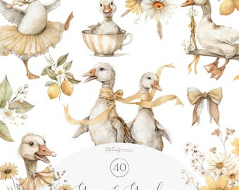 Silly Goose Clipart Set, Preppy Coquette Watercolor PNG, Cute Ballerina Goose, Neutral Flowers, Soft Pastel Animals, Nursery Goose Clipart