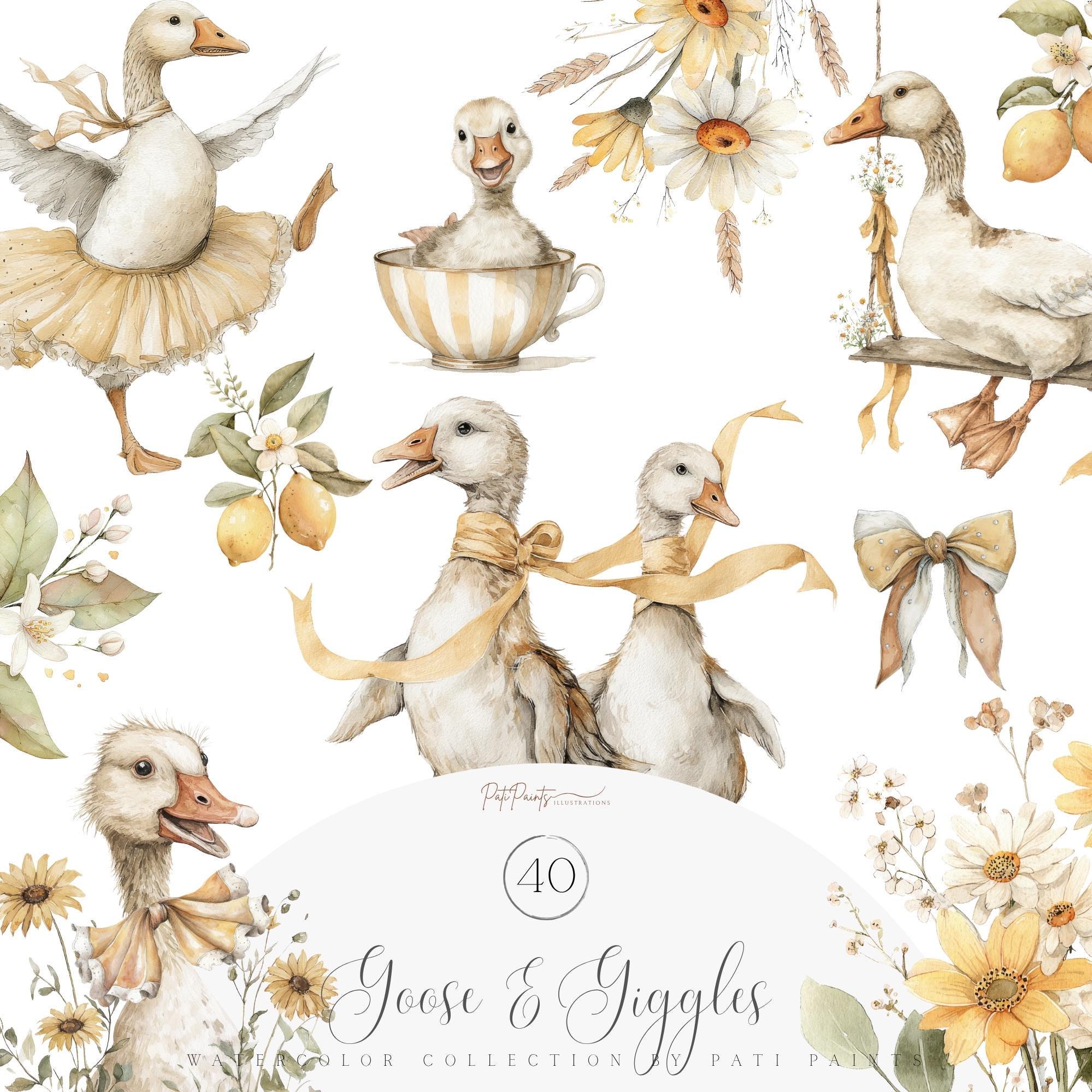 Silly Goose Clipart Set, Preppy Coquette Watercolor PNG, Cute Ballerina ...
