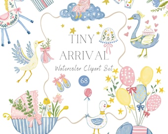 Puede incluir: Un conjunto de imágenes prediseñadas en acuarela titulado TINY ARRIVAL que presenta ilustraciones de un caballito de madera, una cigüeña, un cochecito con flores, un cisne, un elefante con globos, un niño en una nube, estrellas y ropa de bebé.