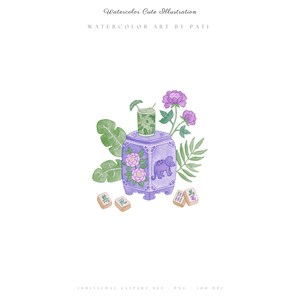 K&ouml;nnte beinhalten: Eine Aquarellillustration mit einem violetten Keramik-Gartenhocker, der mit rosa Pfingstrosen und einem Dinosaurier-Motiv verziert ist. Ein gr&uuml;n gemustertes Glas steht darauf, umgeben von gr&uuml;nen tropischen Bl&auml;ttern, violetten Blumen und vier Mahjong-Spielsteinen.