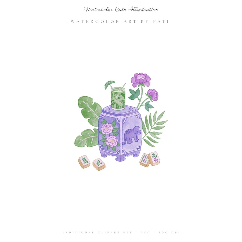 K&ouml;nnte beinhalten: Eine Aquarellillustration mit einem violetten Keramik-Gartenhocker, der mit rosa Pfingstrosen und einem Dinosaurier-Motiv verziert ist. Ein gr&uuml;n gemustertes Glas steht darauf, umgeben von gr&uuml;nen tropischen Bl&auml;ttern, violetten Blumen und vier Mahjong-Spielsteinen.