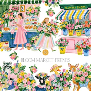 Puede incluir: Ilustración colorida con floristerías, personas y animales. La imagen incluye el texto "BLOOM MARKET FRIENDS" y el número "40". La escena está llena de ramos, pasteles y varios arreglos florales.
