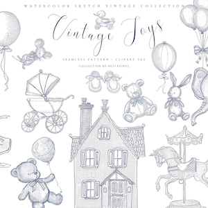 May include: A selection of vintage toy illustrations in blue and grey, featuring a teddy bear, carousel, house, train, and ballerina. The words "Vintage Toys" are written in cursive script.