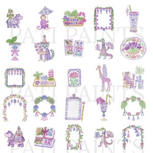 K&ouml;nnte beinhalten: Eine digitale Sammlung von Aquarellillustrationen mit violetten und gr&uuml;nen Motiven, darunter Tiere wie Flusspferde, Affen und Krokodile sowie Blumenkr&auml;nze, dekorative Rahmen, Mahjong-Steine und verzierte Glaswaren mit botanischen Akzenten.