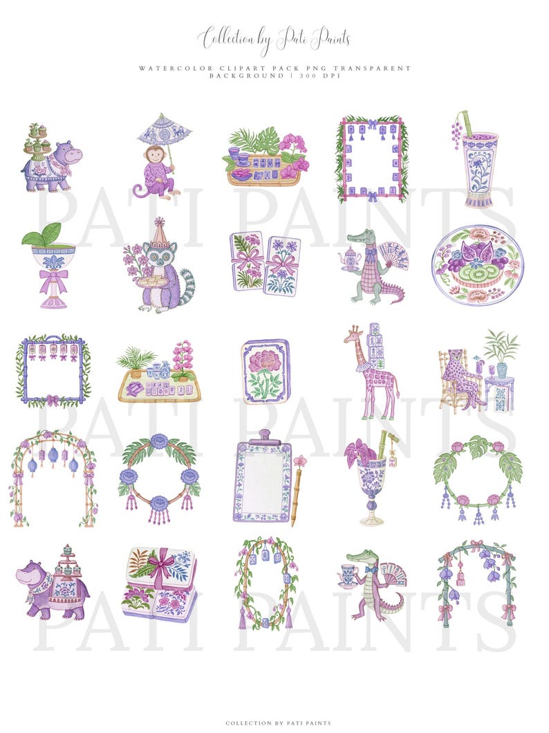 K&ouml;nnte beinhalten: Eine digitale Sammlung von Aquarellillustrationen mit violetten und gr&uuml;nen Motiven, darunter Tiere wie Flusspferde, Affen und Krokodile sowie Blumenkr&auml;nze, dekorative Rahmen, Mahjong-Steine und verzierte Glaswaren mit botanischen Akzenten.