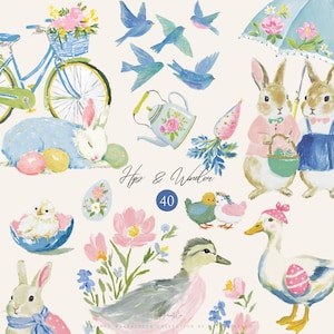 Pode incluir: Ilustração em aquarela com elementos temáticos da Páscoa. Inclui coelhos, pássaros, ovos, uma bicicleta com flores e patos. A imagem tem uma paleta de cores suaves de azuis, rosas e verdes, com o texto "Hps & Wonder" e o número "40".