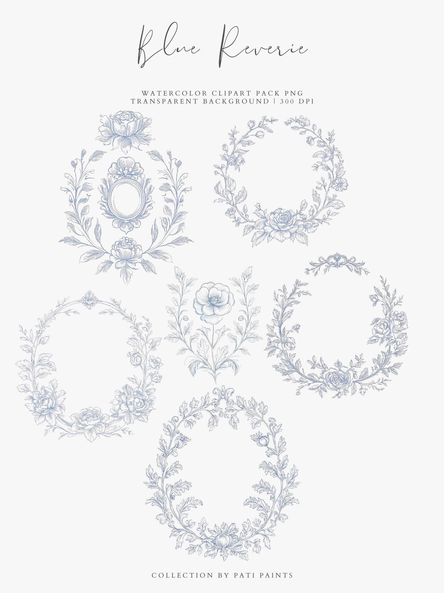 Baroque Line Art Clipart Set Blue Reveire – Rococo Frame, Vintage ...