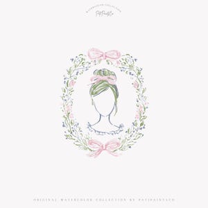 Puede incluir: Ilustraci&oacute;n en acuarela de la silueta de una mujer dentro de una corona floral, con lazos rosas y flores delicadas. La obra de arte tiene una paleta de colores pastel y el texto "Watercolor Collection" y "Original Watercolor Collection by PatiPaintsCo".