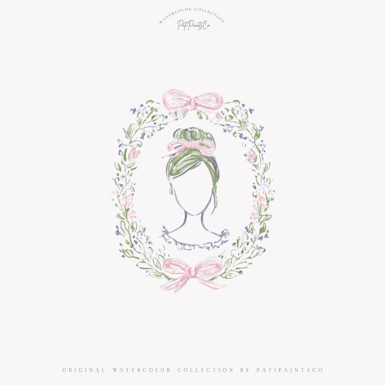 Puede incluir: Ilustraci&oacute;n en acuarela de la silueta de una mujer dentro de una corona floral, con lazos rosas y flores delicadas. La obra de arte tiene una paleta de colores pastel y el texto "Watercolor Collection" y "Original Watercolor Collection by PatiPaintsCo".