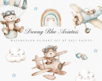 Aviator Bear Clipart Bundle - Airplane Clipart - Nursery Wall Art - Baby Shower Invite - Blue Clipart - Bear Pilot Clipart - Scrapbooking