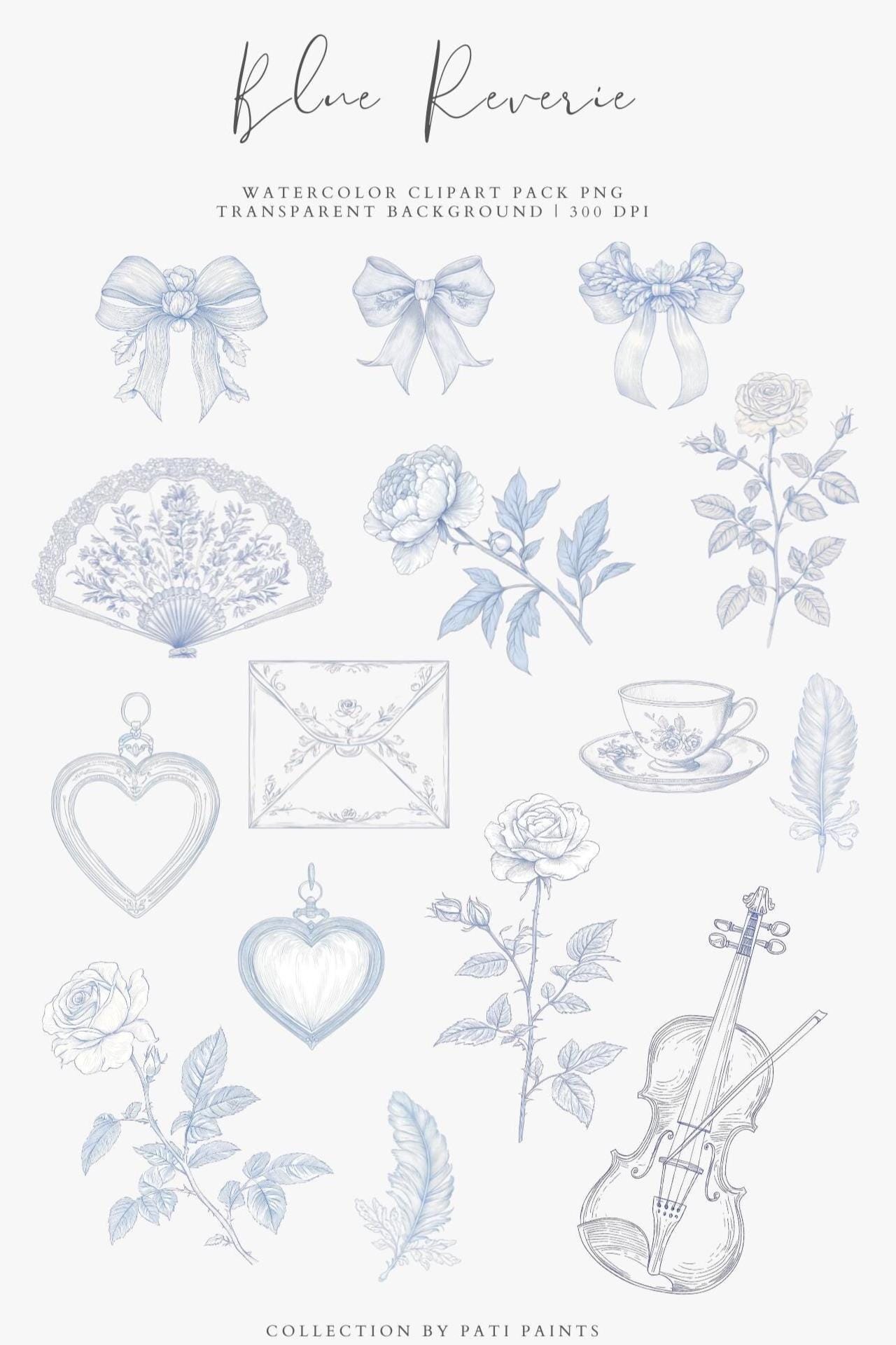 Baroque Line Art Clipart Set Blue Reveire – Rococo Frame, Vintage ...