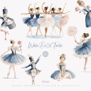 以下が含まれることがあります： 青、ピンク、白で描かれたバレリーナと兵隊の、水彩イラスト。テキスト「Winter Ballet Theatre」は筆記体で書かれています。この画像には、デジタルアートプロジェクトに最適な、バレエをテーマにしたデザインのコレクションが含まれています。