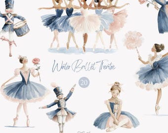 Zimowy Teatr Baletowy Clipart, Akwarelowy Balerina i Dziadek do Orzechów Zestaw PNG, Eleganckie Ilustracje Tańca Bożonarodzeniowego, Pastelowa Sztuka Świąteczna