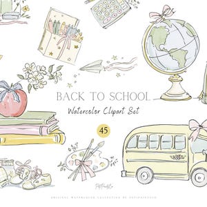Puede incluir: Una colección de ilustraciones en acuarela con artículos escolares que incluyen un globo terráqueo, un autobús amarillo, una pila de libros con una manzana, una mochila, una calculadora, una campana y material de arte, con el texto BACK TO SCHOOL.