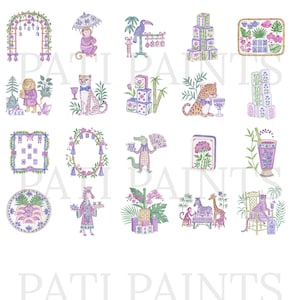 Safari-Mahjong-Clipart-Set im Chinoiserie-Stil, Aquarell-Partytiere, Bambusblumen und -steine, 70 PNG-Dateien zum digitalen Download Bild 11