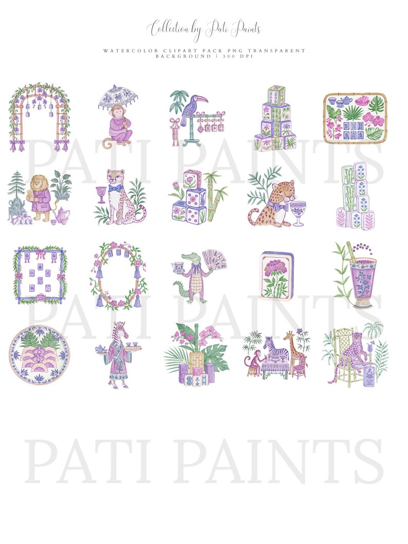 Safari-Mahjong-Clipart-Set im Chinoiserie-Stil, Aquarell-Partytiere, Bambusblumen und -steine, 70 PNG-Dateien zum digitalen Download Bild 11