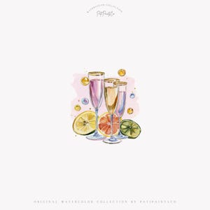 May include: A watercolour illustration featuring champagne flutes with gold rims, filled with pink, peach, and clear liquids. Sliced citrus fruits, including lemon, grapefruit, and lime, are arranged near the glasses. The background has a pink wash with gold and iridescent bubbles.