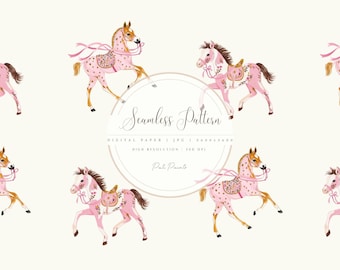 Watercolor Pink Horse Seamless Pattern, Cowgirl Digital Paper, Western Pony Riding Scrapbook Background, Rodeo Party Printable