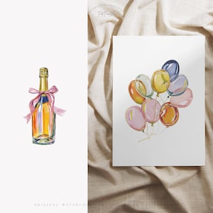 May include: Watercolour painting of a champagne bottle with a pink ribbon and a cluster of colourful balloons. The balloons are in shades of pink, orange, yellow, and blue. The artwork is on a white background.