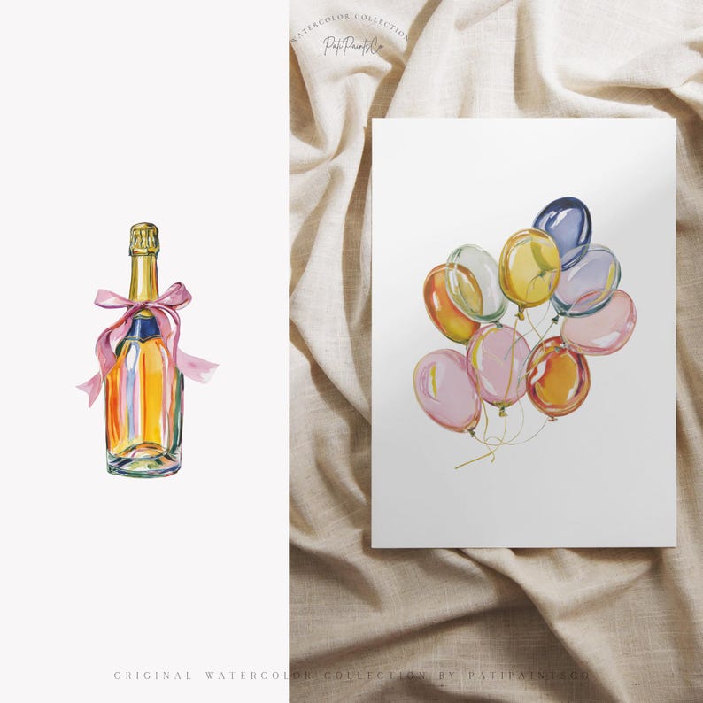 May include: Watercolour painting of a champagne bottle with a pink ribbon and a cluster of colourful balloons. The balloons are in shades of pink, orange, yellow, and blue. The artwork is on a white background.