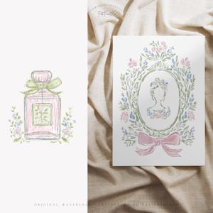 Puede incluir: Ilustraciones en acuarela de un frasco de perfume rosa con lazo verde y detalles florales, y un retrato de mujer en un marco floral, con un lazo rosa. Las obras forman parte de una colecci&oacute;n original de acuarelas.