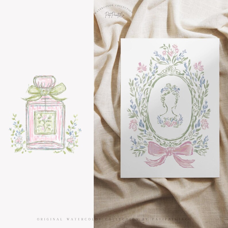 Puede incluir: Ilustraciones en acuarela de un frasco de perfume rosa con lazo verde y detalles florales, y un retrato de mujer en un marco floral, con un lazo rosa. Las obras forman parte de una colecci&oacute;n original de acuarelas.