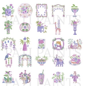 Safari-Mahjong-Clipart-Set im Chinoiserie-Stil, Aquarell-Partytiere, Bambusblumen und -steine, 70 PNG-Dateien zum digitalen Download Bild 12
