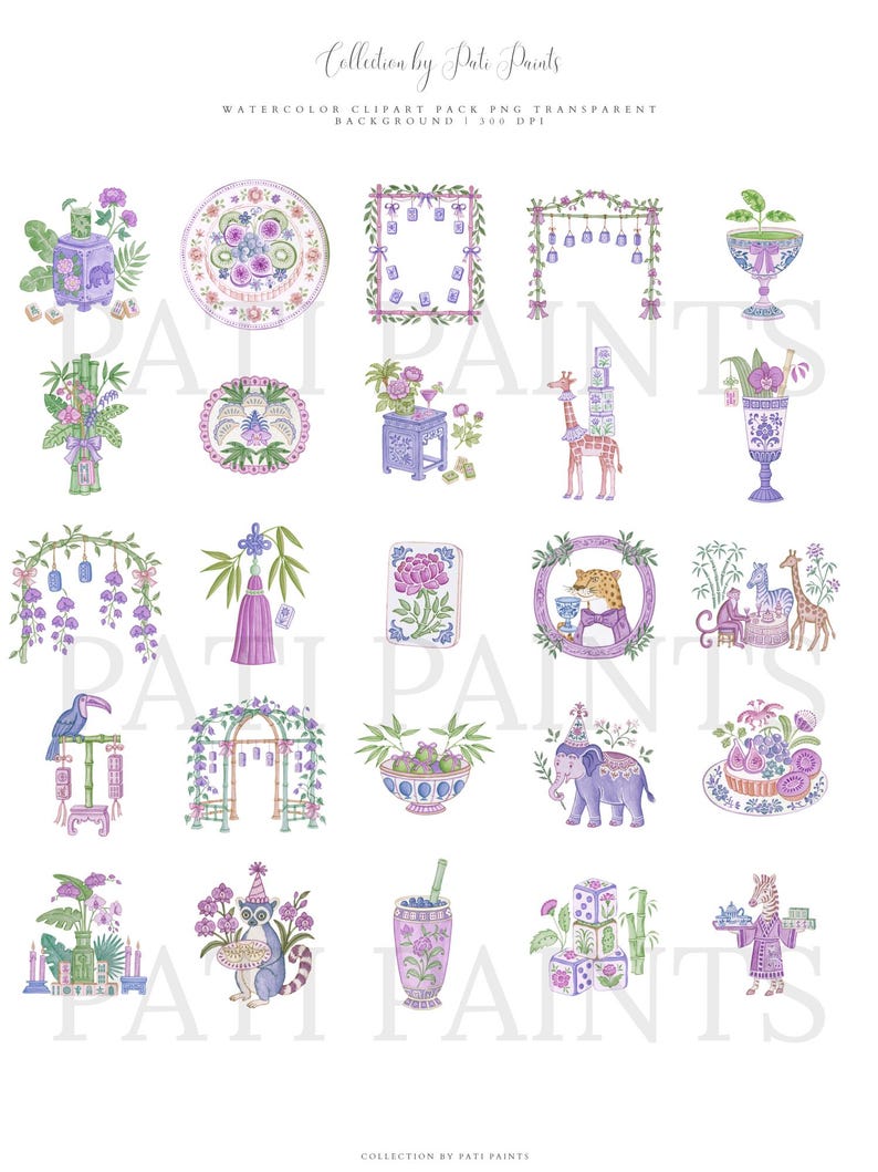 Safari-Mahjong-Clipart-Set im Chinoiserie-Stil, Aquarell-Partytiere, Bambusblumen und -steine, 70 PNG-Dateien zum digitalen Download Bild 12