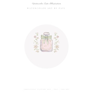 Puede incluir: Ilustraci&oacute;n en acuarela de un frasco de perfume de color rosa claro, adornado con un lazo verde claro. La botella est&aacute; rodeada de delicados detalles florales. El texto "Watercolor Cute Illustration" y "Watercolor Art by Pati" est&aacute; en la parte superior.