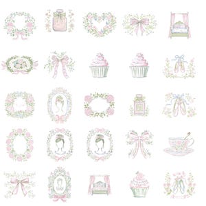 Puede incluir: Paquete de im&aacute;genes predise&ntilde;adas de acuarela con varias ilustraciones en colores pastel. Incluye coronas florales, frascos de perfume, lazos, cupcakes, zapatillas de ballet y retratos enmarcados. El texto en la parte superior dice "Collection by Pate Paints".