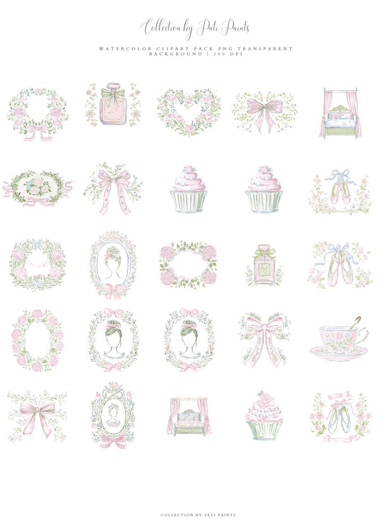 Puede incluir: Paquete de im&aacute;genes predise&ntilde;adas de acuarela con varias ilustraciones en colores pastel. Incluye coronas florales, frascos de perfume, lazos, cupcakes, zapatillas de ballet y retratos enmarcados. El texto en la parte superior dice "Collection by Pate Paints".