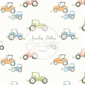 Puede incluir: Patrón sin costuras de acuarela con tractores en varios colores, incluyendo naranja, verde, azul y rosa. Los tractores están sobre un fondo blanco con el texto "Seamless Pattern".