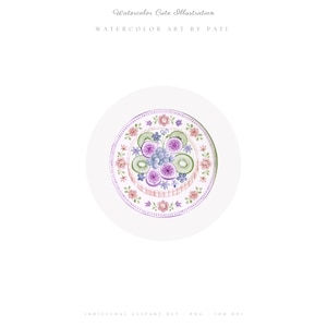 K&ouml;nnte beinhalten: Eine Aquarellillustration einer runden Obsttorte, belegt mit Feigenscheiben, Kiwi und Blaubeeren. Die Torte ist mit einer Bord&uuml;re aus kleinen rosa Bl&uuml;ten und violetten Bl&auml;ttern verziert. Der Text lautet Watercolor Cute Illustration, Watercolor Art By Pati und Individual Clipart Set PNG 300 DPI.